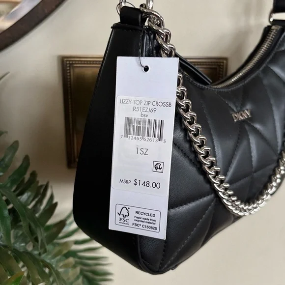 Brand New DKNY Black Lizzy Top Zip Crossbody Bag Chain Quilted Stitch Purse - Picture 5 of 15
